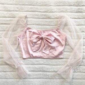 Sweetheart Neck Mesh Lantern Sleeve Crop Top